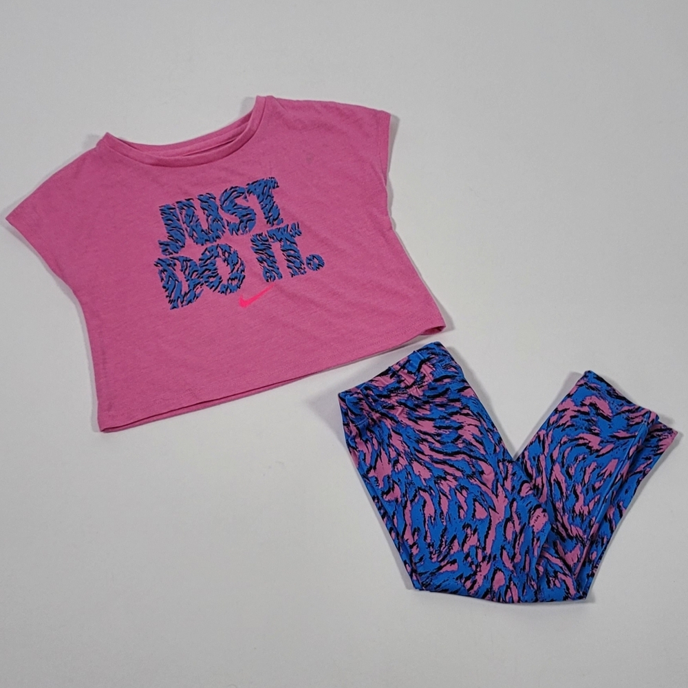 Nike Pink Crop Top and Blue Patterned Leggings